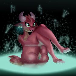 1:1 anthro ass claws dododragon56 ear_piercing ear_ring feet female fin genitals horn humanoid jewelry kobold legs_together looking_at_another magic nude particles piercing pussy reptile scales scalie sitting smile solo symbol teeth