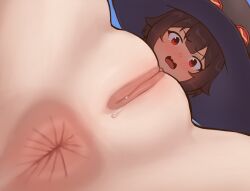 1girls anus anus_close-up anus_focus ass blush brown_hair facesitting_pov female kono_subarashii_sekai_ni_shukufuku_wo! low-angle_view megumin pov pov_facesitting short_pov sweat triagorodri_(artist) witch_hat