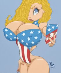 1girls american_flag american_flag_bodysuit bimbo cellphone female huge_breasts patriotika phone pinup_girls rsterling solo stef_wilson superheroine