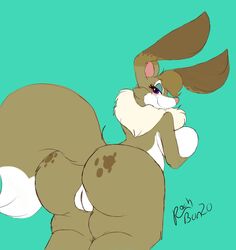 anthro ass bent_over big_breasts big_butt blue_eyeshadow blush breasts dipstick_tail eyeshadow female furry hi_res lagomorph leporid long_ears looking_back makeup mammal multicolored_tail neck_tuft nude purple_eyes rabbit rachelle rachellebun simple_background solo tuft