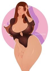 1girls artist_name big_breasts breasts brown_hair cleavage closed_eyes eyes_closed female female_only hand_on_hair hand_on_thigh hips hourglass_figure kokobuttz large_breasts long_hair slim_waist solo solo_female thick_thighs thighs wide_hips