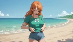 ai_generated animated beach breasts clothing denim_shorts female female_only hiccuping kk2oven large_breasts lifted_by_self nami_(one_piece) nipples one_piece shirt_lift tagme video webm