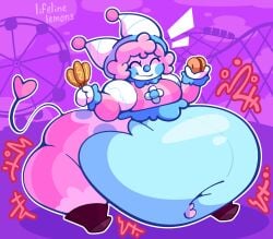 amusement_park artist_signature background bbw big_ass blue_blush blue_skin bottom_heavy bursting_clothes bursting_out_of_clothing clothed clothing clown clown_girl clown_makeup clown_nose corn_dog donut_burger_thing??? fat fat_ass fat_belly fat_fetish ferris_wheel food happy heart_tail huge_belly immobile immobilization immobilized implied_immobility large_ass large_belly lifelinelemons massive_belly penelope_(lifelinelemons) pink_hair roller_coaster rub_dat_belly_you_know_you_want_to rumbling_stomach small_breasts soft soft_belly ssbbw stuffed stuffed_belly stuffing theme_park thick_thighs too_big too_big_for_clothing torn_clothes torn_clothing weight_gain white_makeup yummy