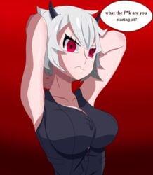 angry armpits female helltaker highres malina_(helltaker) miska red_eyes shirt silver_hair suit tsundere vest waistcoat