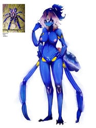 3:4 anthro anthro_only arachnid arthropod arthropod_abdomen blue_body blue_fur breasts claws cobalt_blue_tarantula cyriopagopus female fur genitals hair hands_on_hips menyang multi_arm multi_leg multi_limb mygalomorph nipples nude pussy red_eyes simple_background solo spider tarantula white_background white_body white_fur white_hair yellow_body yellow_fur