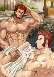 2boys abs absurdres armpits bara beard blue_eyes body_hair boner brown_hair bulge chest collarbone couple erection erection_under_clothes facial_hair fate/grand_order fate/zero fate_(series) gumroad_reward hand_in_hair highres human human_only iskandar_(fate) kienbiu looking_at_another looking_at_partner male_focus male_nipples male_only multiple_boys muscle muscular_male napoleon_bonaparte_(fate) naughty_face nipples nude onsen paid_reward pecs pectorals red_eyes red_hair see-through shiny shiny_hair shiny_skin sitting smile thighs towel towel_on_legs yaoi