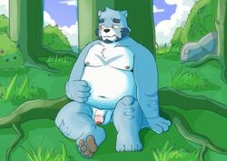 2020 anthro balls belly blue_body blue_fur blush bonasiah detailed_background flaccid full_attack fur genitals hi_res hokolee32 humanoid_genitalia humanoid_hands humanoid_penis kemono male male_only mammal moobs navel nipples outside overweight overweight_anthro overweight_male penis sitting solo ursid white_body white_fur 十泉介