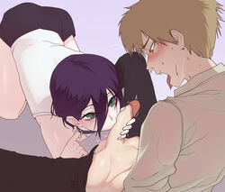 1boy big_penis black_choker black_hair black_pants black_shorts blush brown_eyes brown_hair chainsaw_man choker collared_shirt denji_(chainsaw_man) eye_contact fellatio female green_eyes grey_background hair_between_eyes hand_on_another's_penis highres kissing_penis large_penis light-skinned_male looking_at_another medium_hair naughty_face neltumo open_clothes open_mouth open_pants oral pants penis penis_on_face purple_hair reze_(chainsaw_man) sex shirt short_hair shorts shounen_jump simple_background sitting straight sweat sweatdrop testicles tongue tongue_out torionion1 white_shirt