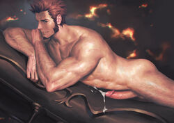 1boy abs absurdres bara beard blue_eyes body_hair brown_hair chest cum ejaculation erection facial_hair fate/grand_order fate_(series) hand_in_hair highres huge_weapon looking_at_viewer lying male male_focus male_only masturbation muscle napoleon_bonaparte_(fate) nude on_stomach paid_reward patreon_reward penguin_frontier penis scar smile solo veins veiny_penis weapon