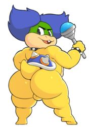 anthro ass balls big_butt blue_hair genitals hair hi_res huge_butt koopa koopaling looking_back ludwig_von_koopa magic_wand male male_only mario_(series) nintendo nude reptile scalie simple_background smile solo thick_thighs trashdrawy video_games