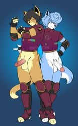 abs anthro balls benju black_hair blue_background blue_body blue_eyes blue_fur clothing domestic_cat duo felid feline felis fur genitals gloves hair hand_behind_back handwear hi_res humanoid invalid_tag male male/male mammal munks munks_(artist) penis red_eyes simple_background