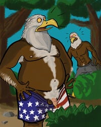 4:5 4th_of_july 5_fingers abs absurd_res accipitrid accipitriform age_difference anthro armpit_hair avian bald_eagle balls beak beard belly biceps bird blush bodily_fluids body_hair bottomwear brown_balls brown_body caught clothed clothing duo eagle facial_hair father father_and_child father_and_son feathers fingers foreskin genital_fluids genitals happy_trail hi_res humanoid_genitalia humanoid_hands humanoid_penis male mature_male muscular muscular_male navel nipples older_male open_mouth outside parent parent_and_child peeing penis pubes qwertythewolf rock sea_eagle shorts son standing topless tree urine watersports white_body white_feathers yellow_beak yellow_eyes