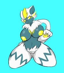 absurd_res anthro areola belly big_breasts breast_squish breasts embarrassed fangs felid female furry genitals hi_res legendary_pokémon mammal navel nintendo nipples plantedpot pokémon_(species) pokemon pussy shiny_pokémon slightly_chubby solo squish thick_thighs video_games wide_hips yellow_areola zeraora