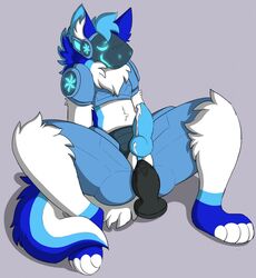 anthro blue_body blue_fur blush bodily_fluids crisstail cum dildo dildo_sitting erection fur genital_fluids genitals hi_res machine male male_penetrated nude penetration penis protogen sex_toy simple_background solo white_body white_fur