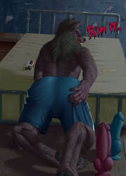 absurd_res angry animal_genitalia animal_penis anthro ass bed big_butt bottomwear butt_grab canid canine canine_penis canis claws clothed clothing dialogue digital_media_(artwork) dildo english_text fur furniture genitals goosebumps goosebumps_(film) hair hand_on_butt hi_res kneeling large_ass looking_at_viewer looking_back lube male male_only mammal muscular muscular_anthro muscular_male open_mouth sex_toy shorts snarling solo tall_lizzard_(artist) text the_werewolf_of_fever_swamp toe_claws toes were werecanid werecanine werewolf wolf