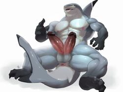 3_toes 4_fingers abs anthro anus balls bodily_fluids claws diphallia diphallism dorsal_fin dripping fin fingers fish genital_fluids genitals horizontal_diphallism humanoid_genitalia humanoid_penis katabreak male male_only marine multi_genitalia multi_penis multicolored_body muscular muscular_anthro muscular_male nipples nude open_mouth pecs penis pink_anus pink_nipples precum precum_drip precum_string shark sharp_teeth simple_background solo sweat tail_fin teeth toe_claws toes tongue tongue_out vein white_background