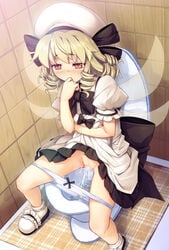 blush brown_eyes brown_hair censored chima_q clothing covering_mouth curly_hair dress dress_lift fairy_wings female hand_to_own_mouth hat highres indoors lifted_by_self luna_child mosaic_censoring panties panty_pull peeing pussy restroom short_hair sitting slippers socks solo spread_legs thighs toilet toilet_use touhou underwear urine water white_dress white_footwear white_headwear white_panties wings