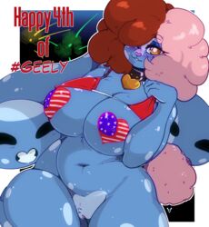 2020 4th_of_july amber_eyes american_flag american_flag_pasties anthro big_breasts bikini bikini_top blush bottomless breasts clothed clothing collar digital_media_(artwork) english_text female geeflakes geeflakes_(character) genitals hair hair_over_eye heart heart_nose heart_pasties hi_res lagomorph leporid looking_at_viewer mammal monster multicolored_hair navel one_eye_closed one_eye_obstructed pasties pink_nose pussy rabbit signature slightly_chubby smile solo swimwear text two_tone_hair wink