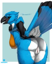 2020 anthro ass avian beak bird blue_body blue_eyes blue_feathers breasts english_text feathers female genitals hi_res nipples nude pussy solo text truegrave9