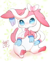 blush bow eeveelution female feral genitals hi_res looking_at_viewer m@rt nintendo pawpads paws pokémon_(species) pokemon pussy ribbons shy sitting smile solo sylveon video_games