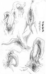 anthro anus clitoral_hood clitoris close-up female genitals hi_res kharnak medical monochrome prehensile_clitoral_hood pussy sergal solo