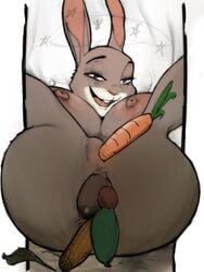 3:4 anal anal_sex anthro anus breasts carrot corn disney doublecobra female food food_fetish food_insertion food_play fur genitals grey_body grey_fur hi_res improvised_dildo improvised_sex_toy judy_hopps lagomorph leporid looking_at_viewer lying mammal masturbation nipples on_back penetration plant purple_eyes pussy rabbit smile smiling_at_viewer solo star vaginal_penetration vegetable white_body white_fur zootopia