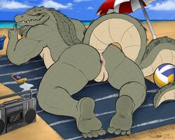 2019 4_toes 5:4 absurd_res alligator alligatorid andromorph anthro anus ass beach beach_towel belly boombox claws cloud crocodile crocodilian crocodylid cuntboy day exposed feet fingers genitals gesture grin hi_res intersex jrbart looking_at_viewer looking_back lying musclegut muscular muscular_andromorph muscular_anthro muscular_intersex nude on_front outside plantigrade plump_labia pose presenting presenting_anus presenting_pussy pupils pussy reptile scales scalie seaside seductive signature sky slightly_chubby slit_pupils smile soles solo sport sunscreen tarvash teeth thumbs_up toe_claws toes umbrella volleyball yellow_eyes