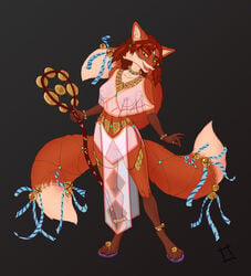 2_tails anthro bell black_background breasts canid canine clothing collar female flip_flops footwear fox hi_res mammal multi_tail nipples quotermain rhea_kitsune sandals simple_background solo standing studded_collar