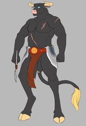 anthro big_penis black_body black_fur blue_eyes bovid bovine cattle european_mythology fur genitals greek_mythology hi_res humanoid_genitalia humanoid_penis male male_only mammal merffle minotaur muscular muscular_anthro muscular_male mythology penis scar solo weapon