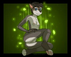 2018 5:4 anthro ass blizzard_entertainment blue_eyes breasts brown_hair canid chest_tuft eddiew fangs female fur genitals glowing green_background grey_body grey_fur hair leaf looking_at_viewer magic mammal nipples nude pawpads pussy short_hair simple_background small_breasts smile solo tuft video_games warcraft were werecanid white_body white_fur worgen