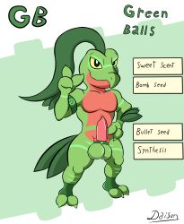 anthro balls big_balls clothing daison_the_fox footwear genitals green_balls green_body grovyle hi_res leaf leaf_tail male male_only markings multicolored_body nintendo nude penis pokémon_(species) pokemon scalie solo solo_focus two_tone_body video_games yellow_eyes