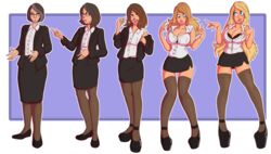 age_regression alpha_channel big_breasts bimbo bimbofication black_jacket black_skirt black_stockings blonde_hair blue_eyes breasts business_suit cleavage female female_only for_sticker_use high_heels midi_skirt miniskirt no_background office_lady pencil_skirt platform_heels png purple_background sequence skirt skirt_suit solo sticker_template stockings tight_skirt transparent_background transparent_png white_shirt wrenzephyr2