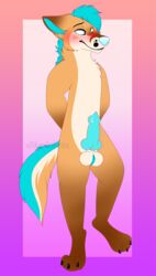 anthro blush bodily_fluids canid canine caught embarrassed erection fennec fox genital_fluids genitals girly male male/male mammal nude penis precum solo story teasing toby_fennec xblueashesx