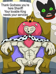 anthro balls black_body black_fur blush cartoon_network cesarin crown domestic_cat duo english_text felid feline felis flaccid fur genitals green_eyes hair hi_res king king_snugglemagne_xxv lion male male/male male_only mammal mane mane_hair mao_mao:_heroes_of_pure_heart muscular muscular_male pantherine penis red_hair royalty sheriff_mao_mao_mao text