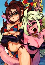 2010s 2girls alex_ahad android android_21 android_21_(human) bikini black_sclera breasts brown_hair dark_persona dragon_ball dragon_ball_fighterz dual_persona female glasses humanoid light-skinned_female light_skin long_hair majin majin_android_21 monster_girl multiple_girls pink_skin pointy_ears red_eyes swimsuit tail tongue_out white_hair