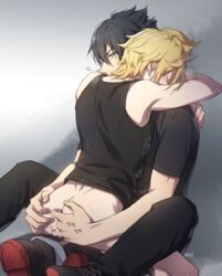 2boys ass_grab blonde_hair bottomless clothed final_fantasy final_fantasy_xv fingering gay hugging human human_only male male/male male_only noctis_lucis_caelum prompto_argentum short_hair tagme yaoi zehel_az