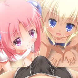 2girls :d arm_support bangs bare_arms bare_shoulders blonde_hair blue_eyes blue_swimsuit blush breasts bulge character_request closed_mouth collarbone commentary_request copyright_request crossed_bangs dot_nose erection erection_under_clothes eyebrows_visible_through_hair eyes_visible_through_hair from_above hair_ornament hair_over_eyes hands_on_floor kanna_hisashi looking_at_viewer multiple_girls oerba_yun_fang on_floor one_knee open_mouth parted_bangs pink_eyes pink_hair pov precum ringer_t-shirt school_swimsuit shiny shiny_hair shirt short_hair short_sleeves sidelocks skin_fang sleeveless small_breasts smile swimsuit tan tile_floor tiles upturned_eyes white_shirt