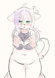 absurd_res anthro aoi_(ukenya) black_nose blush bodily_fluids bottomless bra breasts canid canine clothed clothing female front_view fur genitals green_eyes hair hi_res holding_panties mammal navel open_mouth panties pussy signature ukenya underwear white_body white_fur