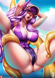 adapted_costume bondage huge_breasts league_of_legends lord_dominik one-piece_swimsuit pool_party_syndra purple_eyes purple_hair restrained spread_legs swimsuit syndra tentacle visor_cap