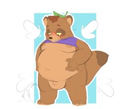 2020 2020s absurd_res anthro balls belly blush brown_body brown_fur canid canine clothing fauvfox fur genitals hi_res humanoid_hands leaf male male_only mammal moobs nipples overweight overweight_male penis raccoon_dog shirt solo tanuki topwear