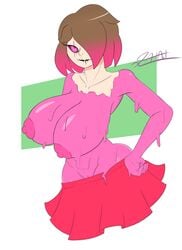 bete_noire brown_hair digital_media_(artwork) glitchtale huge_ass huge_breasts not_paint pink_eyes pink_hair pink_nipples pink_skin pussy short_hair simple_background skirt slime_girl smug tagme teasing thick_thighs undertale undertale_fanfiction