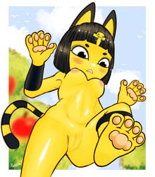 4_toes 5_fingers animal_crossing ankha anthro areola black_hair blunt_bangs blush blush_stickers border breasts censored domestic_cat feet felid feline felis female fingers foot_focus genitals hair hi_res inverted_nipples looking_down mammal mosaic_censoring mugibunbun nintendo nipples nude outside pawpads pupils pussy raised_leg solo toes video_games white_pupils