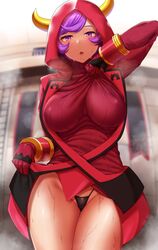 1girls big_breasts clothed clothes_lift courtney_(pokemon) curvy female female_only front_view gloves hitotsuki_nebura hoodie human looking_at_viewer nipple_bulge nipples open_mouth panties panting pokemon pokemon_rse purple_eyes purple_hair solo sweat sweater team_magma thick_thighs thong voluptuous wide_hips