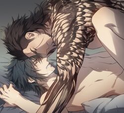 2boys bigger_dom brown_hair eyes_closed final_fantasy final_fantasy_xv gladiolus_amicitia gray_hair grey_hair human male male_only multiple_boys noctis_lucis_caelum nude on_back panting pillow pillow_under_hips receiving_on_back sheet_grab size_difference smaller_sub submissive_male tagme tattoo yaoi zehel_az