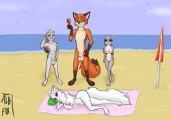 2020 albinefox animal_genitalia anthro ass balls beach big_breasts big_butt breasts canid canine disney female fox genitals group jack_savage judy_hopps lagomorph large_breasts leporid male mammal marshmallow_(albinefox) nick_wilde nude pussy rabbit sheath wide_hips zootopia