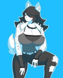 anthro black_hair black_pants furry maggie_applebee ripped_pants short_tail tagme theycallhimcake white_fur