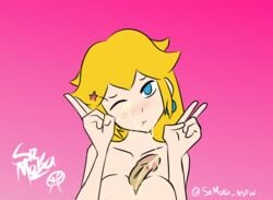 1boy 1girls big big_penis blonde_hair blue_eyes breasts cum cum_in_mouth cum_on_body cum_on_breasts cum_on_face double_v female female_focus head_tilt light-skinned_male male mario_(series) nintendo nude one_eye_closed paizuri penis pink_background princess_peach simple_background srmoka tagme titjob wink