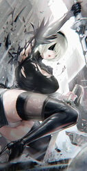 android big_breasts blindfold female female_only high_heel_boots high_heels nier nier:_automata nipples nipples_visible_through_clothing pod_(nier) short_hair solo solo_female solo_focus thighhigh_boots thighhighs vostok_(vostok061) white_hair yorha_2b