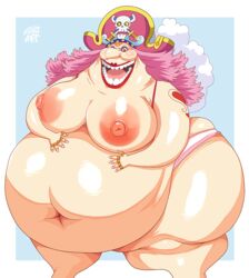 adultart_(artist) bbw bicorn_hat big_belly big_breasts charlotte_linlin female female_only lipstick obese older_female one_piece panties pink_hair pirate_hat rings tattoo