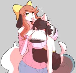 :3 anthro bra embarrassed furry head_in_cleavage holly_applebee huge_breasts jeans maggie_applebee mother_and_daughter pink_sweater theycallhimcake wide_hips